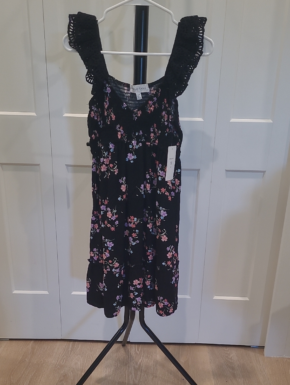 WILD SKYE Black Floral Sundress with Lace Smocked Straps